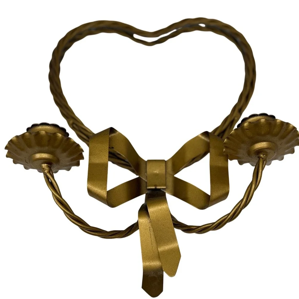 VTG Heart Mirror Candle Sconce Gold Bow Ribbon Twisted Metal‎ Hollywood Regency